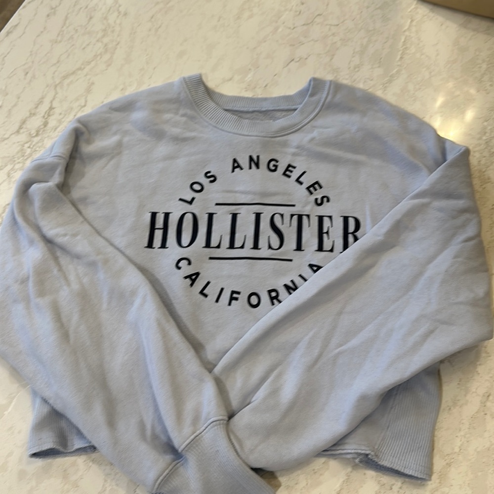Light blue hollister cropped sweatshirt.